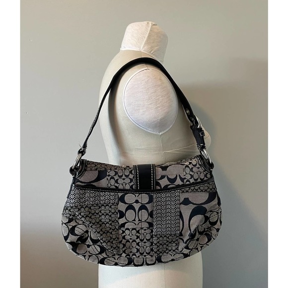 Coach Soho Black Signature Logo Jacquard Patent Leather Shoulder Bag F12316 - Picture 2 of 7